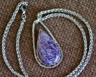 Charoite Pendant | 53x25mm | Sterling Silver | Oxidised Silver | Natural Gemstone | Crystal Healing | Original Handmade Stone Pendant