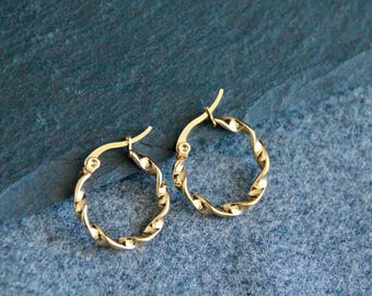 Small Twisted Hoop Earrings | 21mm | Hypoallergenic Stainless Steel Earrings | 3mm Thick | Sensitive Ears | Boho Chic Ethnic Tribal Earrings
