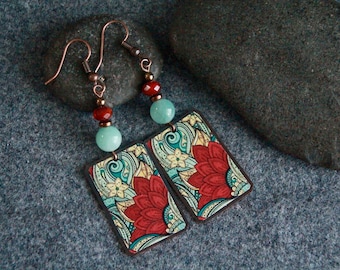 Red Lotus Earrings | Jade and Copper Earrings | Handmade Oxidized Copper Charm | Original Handcrafted Earrings | Unique Ethnic Boho Jewelry