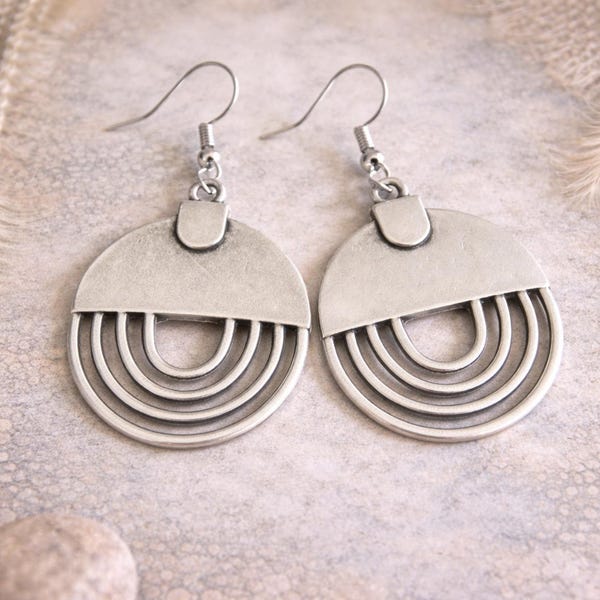 Silver Earrings | Antique Silver | Hammered Silver Metal Charm Earrings | Original Yoga Bohemian Ethnic Jewelry | Handmade Rustic Earrings