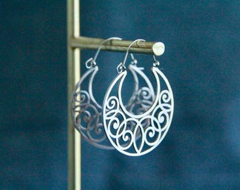 Moon Earrings | Large Hoop Earrings | Stainless Steel Laser Cut Earrings | Silver Metal Earrings | Original Boho Jewelry | Non Tarnish Hoops
