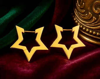 Star Stainless Steel Huggies | 24x22mm | Hypoallergenic Earrings | Golden Hoops | Small Boho Hoops | Unisex | Sensitive Ears