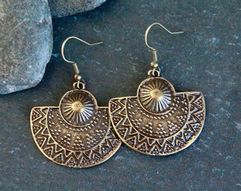Bronze Fan Earrings | Antique Bronze | Rustic Metal Earrings | Bohemian Ethnic Jewellery | Fan Earrings | Original Unique Statement Earrings