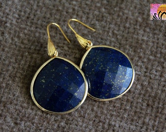 Lapis Lazuli Drop Earrings-Gemstone Earrings-Minimalist Stone Earrings-Real Gold Lapis Blue Small Earrings-Boho Elegant Artisanal Jewellery