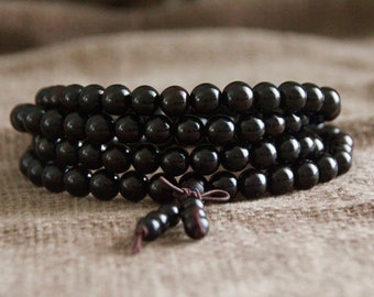 Natural Ebony Mala-Black Wooden Male Beads-108 Mala Beads-Energised-Yoga Meditation Tool-Long Necklace-Stretchy Elastic Mala Necklace