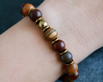 Ethnic Bracelet | Bronzite Dzi beads Wood Mariam Stone | Stretchy Gemstone and Wood Bracelet | Unisex | Original Organic Natural Jewelry