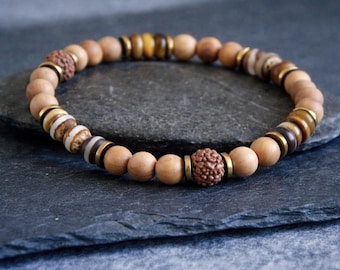 Cedar Wood Tiger Eye Dzi Ethnic Bracelet | Wood Dzi Agate Rudraksha | 6mm | Unisex Stretchy Bracelet | Original Organic Natural Jewelry