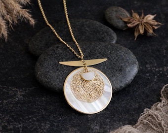 Mother of Pearl Charm Necklace | Large Charm Pendant | Chain Necklace | Bohemian Jewellery | Bold Statement Jewelry | Earrings Necklace Set