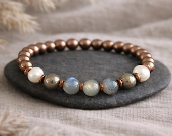 Labradorite Pearl Pyrite Bracelet | Boho Gemstone Stretchy Bracelet | Elegant Statement Bracelet | Original Artisan Handmade Jewelry | 8mm