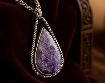 Charoite Pendant | 53x25mm | Sterling Silver | Oxidised Silver | Natural Gemstone | Crystal Healing | Original Handmade Stone Pendant