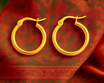 25mm Golden Hoop Earrings | 18K Gold Plated Hypoallergenic Stainless Steel Earrings | Original Boho Modern Earrings | Small Medium Hoops