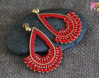 Red Bohemian Handwoven Beaded Earrings | Handmade Beaded Charms | 52mm | Artisanal Earrings | Handcrafted Original | Stainless Steel Studs