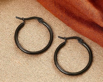25mm or 35mm Black Hoops | Hypoallergenic Stainless Steel Earrings | Black Gunmetal Earrings