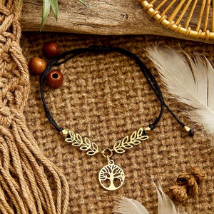 Pulsera con dije de árbol de la vida / Pulsera de cuentas trenzadas / Cadena Cobb de latón dorado / Perfecta para combinar con pulseras de piedras preciosas / Ajustable