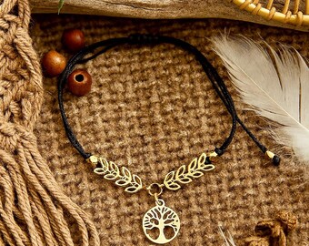 Tree of Life Charm Bracelet | Braided Bead Bracelet | Golden Brass Cobb Chain | Perfect for Layering with Gemstone Bracelet | Adjustable
