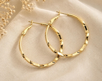40mm Twisted Platinum Hoops | Platinum Earrings | Leverback Hoops | Boho Modern Earrings | Medium Large Hoops | Choose Silver or Gold