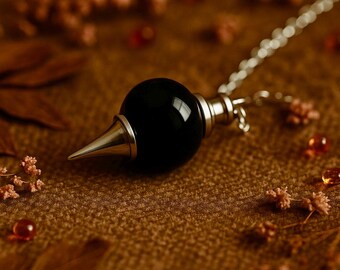 Obsidian Pendulum | Dowsing Pendulum Pendant | 41x18mm | 23cm long chain with clasp | Silver | Natural Gemstone Crystal Divining Pendulum