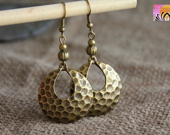 Bronze Earrings | Antique Bronze Earrings | Hammered Bronze Metal Dangle Earrings | Bohemian Ethnic Jewellery | Large Statement Earrings 6cm