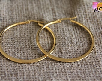 45mm Flat Golden Hoop Earrings | Hypoallergenic No Allergy Stainless Steel Earrings | Modern Original Hoops | Boho Ethnic Tribal Earrings