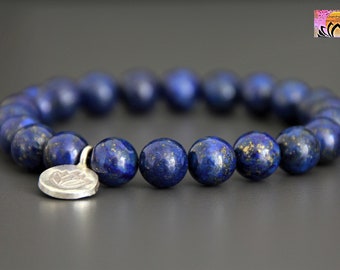 Lapis Lazuli Lotus Flower Charm Bracelet | Deep PEACE | SPIRITUALITY | PROTECTION | Gemstone Stretchy Bracelet | Blue Boho Jewelry | 8mm