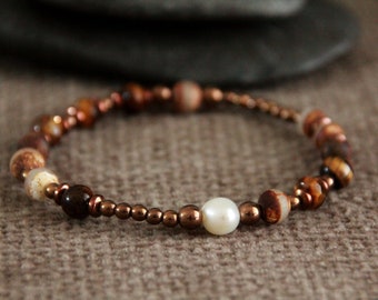 Ethnic Bracelet | Tigers Eye Pearl Dzi Beads Copper | Stretchy Gemstone Bracelet | Original Organic Natural Artisan Jewelry | 6-7mm beads