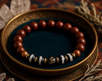 AUM Ethnic Bracelet | Obsidian Dzi beads | Unisex | Stretchy Gemstone Wood Copper Bracelet | Original Organic Natural Jewelry | OM Bracelet