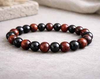 Red Tigers Eye Tourmaline Bracelet | PROTECTION CONFIDENCE SURVIVAL | Gemstone Stretchy Bracelet | Unisex Crystal Bracelet | 8mm or 10mm