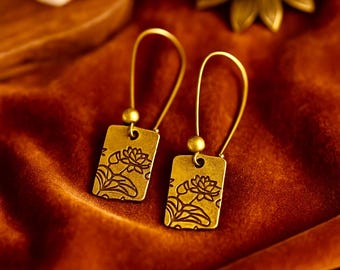 Lotus Flower Bronze Earrings | Antique Bronze | Embossed Metal Dangle Earrings | Rustic Boho Earrings | Ethnic Jewellery | Original Earrings