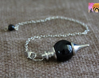 Obsidian Pendulum-Dowsing Pendulum Pendant-41x18mm-23cm long chain with clasp-Silver Pendulum-Natural Gemstone Crystal Divining Pendulum