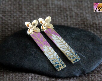 Pink and Gold Bar Earrings | Studs | Japanese Paper on Metal Charms | Bohemian Long Rectangle Dangle Earrings | Unique Handmade Jewelry
