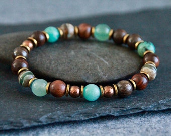 Ethnic Bracelet | Aventurine Turquoise Bronzite Amazonite Dzi beads | Stretchy Gemstone Bracelet | Unisex | Original Organic Natural Jewelry
