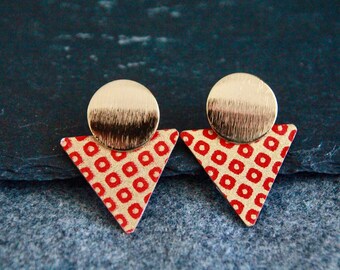 Red and Gold Triangle Stud Earrings | Japanese Paper Earrings | Minimalist Earrings | Handmade Metal Charm Earrings | Statement Earrings
