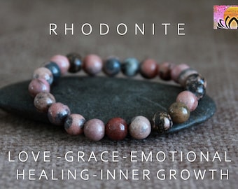 Rhodonite Bracelet | EMOTIONAL Healing/Inner GROWTH/LOVE Grace Elegance | Heart Chakra Crystal Healing | Gemstone Stretchy Bracelet | 8mm