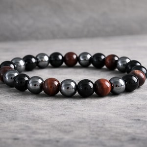 Tourmaline Hematite Red Tigers Eye Bracelet | PROTECTION CONFIDENCE SURVIVAL | Gemstone Stretchy Bracelet | Unisex Crystal Healing Bracelet