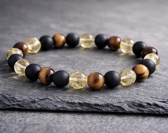Citrine Tiger's Eye Matte Onyx Bracelet | PROSPERITY | STRENGTH | PROTECTION | Unisex Stretchy Gemstone Bracelet | Crystal Healing Bracelet