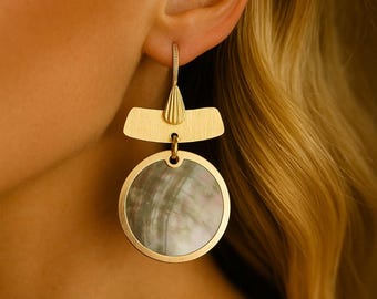 Black Mother of Pearl Earrings | Boho Statement Earrings | Original Dangle Earrings | Brass Metal Charm Earrings | Unique Handmade Jewellery