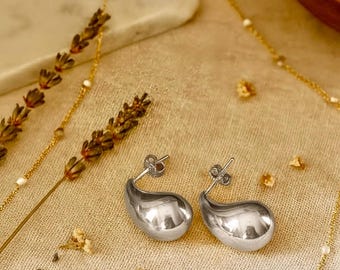 Liquid Silver Drop Earrings | Platinum or Gold | Studs | 26x14mm | Elegant Earrings | Minimalist Studs | Statement Earrings | Teardop Stud