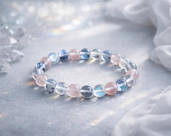 Aura Quartz Bracelet | Cherry Quartz White and Blue Aura Quartz | Stretchy Gemstone Bracelet | Stacking Bracelet | Crystal Bracelet | 8mm