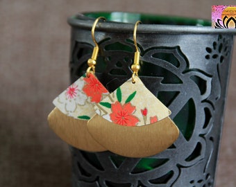 Flower Fan Earrings | Japanese Paper Earrings | Sakura Blossom | Golden Red Orange Earrings | Unique Jewelry | Elegant Statement Earrings
