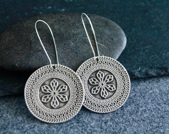 Silver Dangle Earrings | Handcrafted Flower Charm Earrings | Antique Silver Metal Earrings | Bohemian Jewellery | Original Ethnic Jewellery