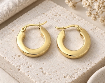 20mm Chunky Golden Hoop Earrings | 4mm Wide | Hypoallergenic 304 Stainless Steel | Bohemian Ethnic Tribal Modern Earrings | Small Hoops