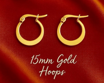 15mm Small Golden Hoop Earrings | Flat Side Wide Thick Hoops | Hypoallergenic Stainless Steel | Modern Original Boho Hoops | Ethnic Earrings