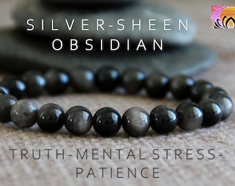 Silver Sheen Obsidian-6, 8 or 10mm-TRUTH/Mental Stress/PATIENCE/Protection-Grade AAA-Root Chakra-Black Stretchy Stone Bracelet-Unisex