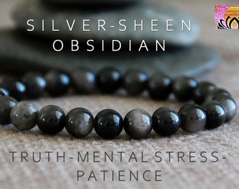 Silver Sheen Obsidian | 6, 8, 10mm | TRUTH | Mental Stress | PATIENCE | Protection | Root Chakra | Black Stretchy Stone Bracelet | Unisex