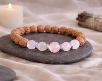 Rose Quartz Rudraksha Bracelet | LOVE | COMPASSION | HEART Chakra | Gemstone and Seeds Stretchy Bracelet | Boho Organic Jewellery | 8mm