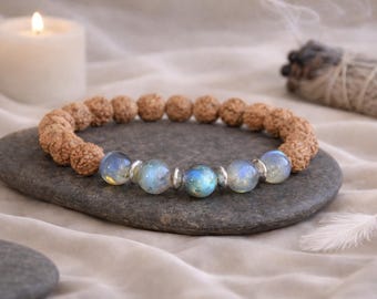 Labradorite Rudraksha Bracelet | MYSTICAL/INTUITION/AURA Shield/Self discovery | Gemstone Seeds Stretchy Bracelet | Yoga Organic Jewelry