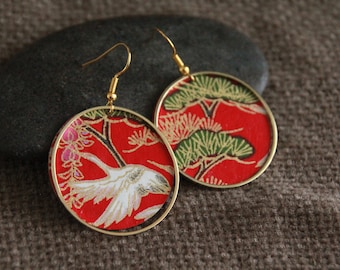White Bird Earrings | Japanese Crane Charm Earrings | Japanese Paper | Statement Elegant Earrings | Handmade Jewelry | Red Gold Earrings
