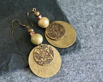 Boho Bronze Charm Earrings | Large Dangle Earrings | Ethnic Flower Metal Charm Earrings | Bohemian Rustic Jewelry | Bold Statement Earrings