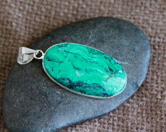 Malachite Chrysocolla Pendant-58x25mm-Natural Gemstone Pendant-Sterling Silver-Crystal Healing Pendant-Organic Stone Jewellery-High Quality