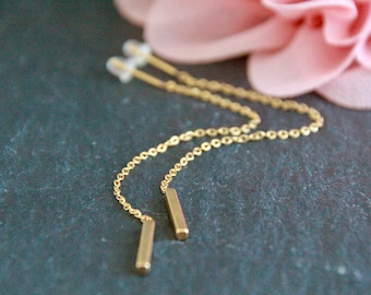 Gold or Silver Thread Earrings | 304 Stainless Steel | 11cm long | 4.25" 1mm Chain | Rectangle Bar Dangle Stud | Minimal Original Earrings